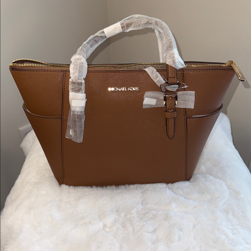Michael Kors Charlotte Brown Leather Tote with Gold Accents